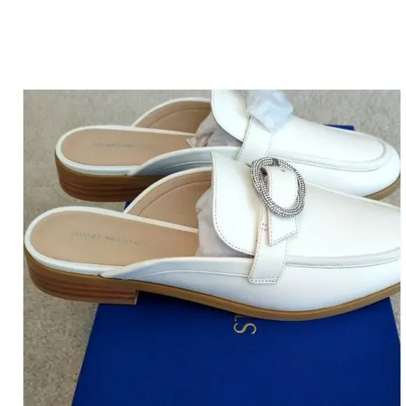 Stuart Weitzman White Crystal Buckle Leather Mules - Picture 4 of 8